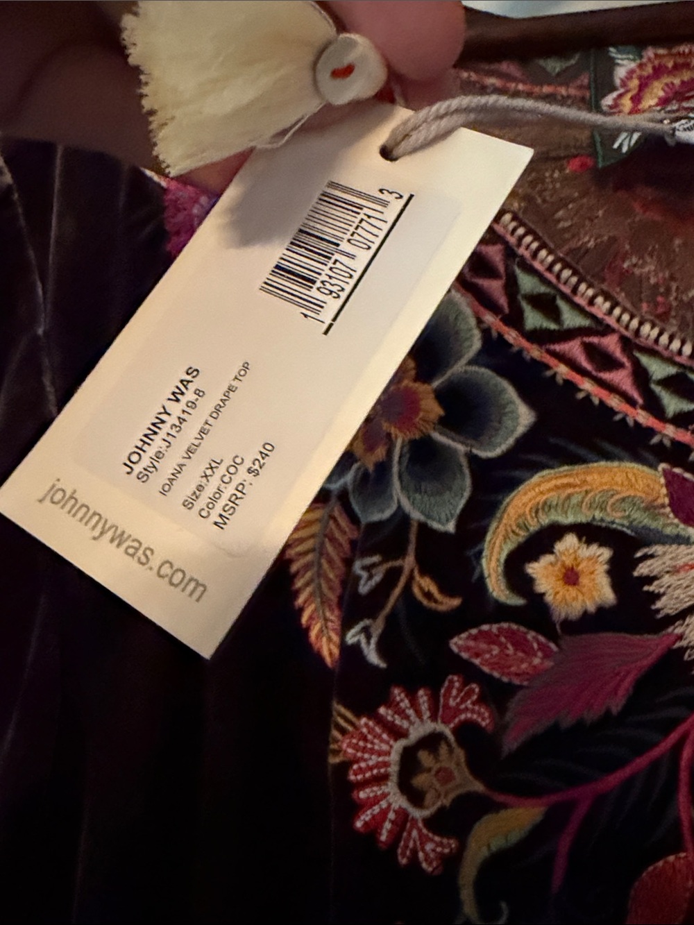 Johnny Was Ioana Velvet Drape Top 2X Tunic Multicolor Floral Embroidery Brown - Picture 9 of 10